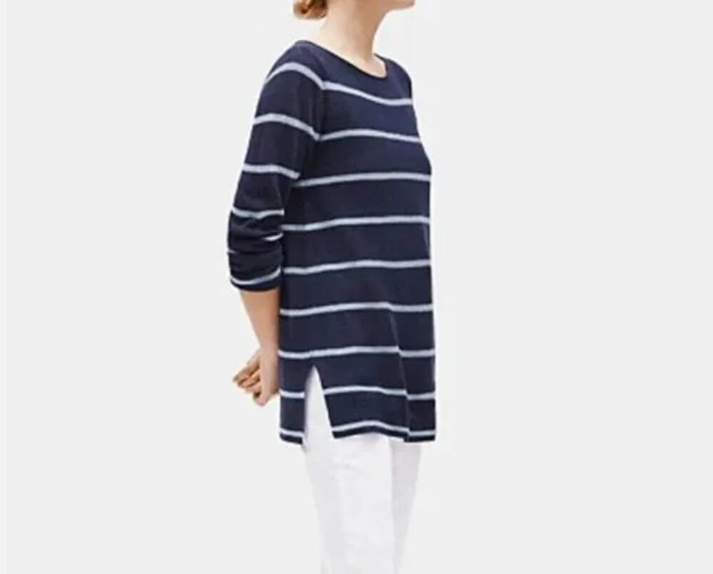 Preppy Eileen Fisher Striped Bateau Neck Knit Tunic Navy M Heritage Wool Alpaca